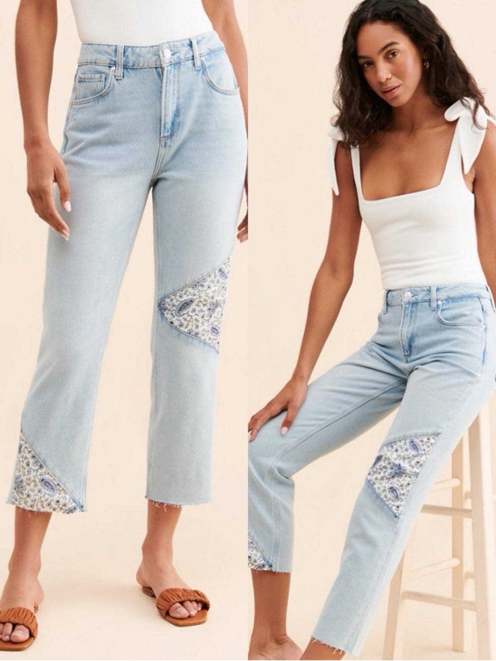 PAIGE Noella Light Blue Patchwork Cropped Raw Hem Jeans Sz 29 🧡🍄